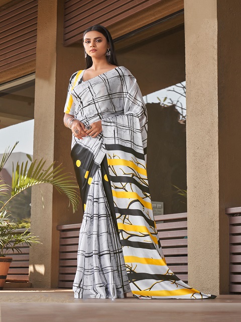 Tussah Off-White Casual Wear Printed Satin Silk Saree